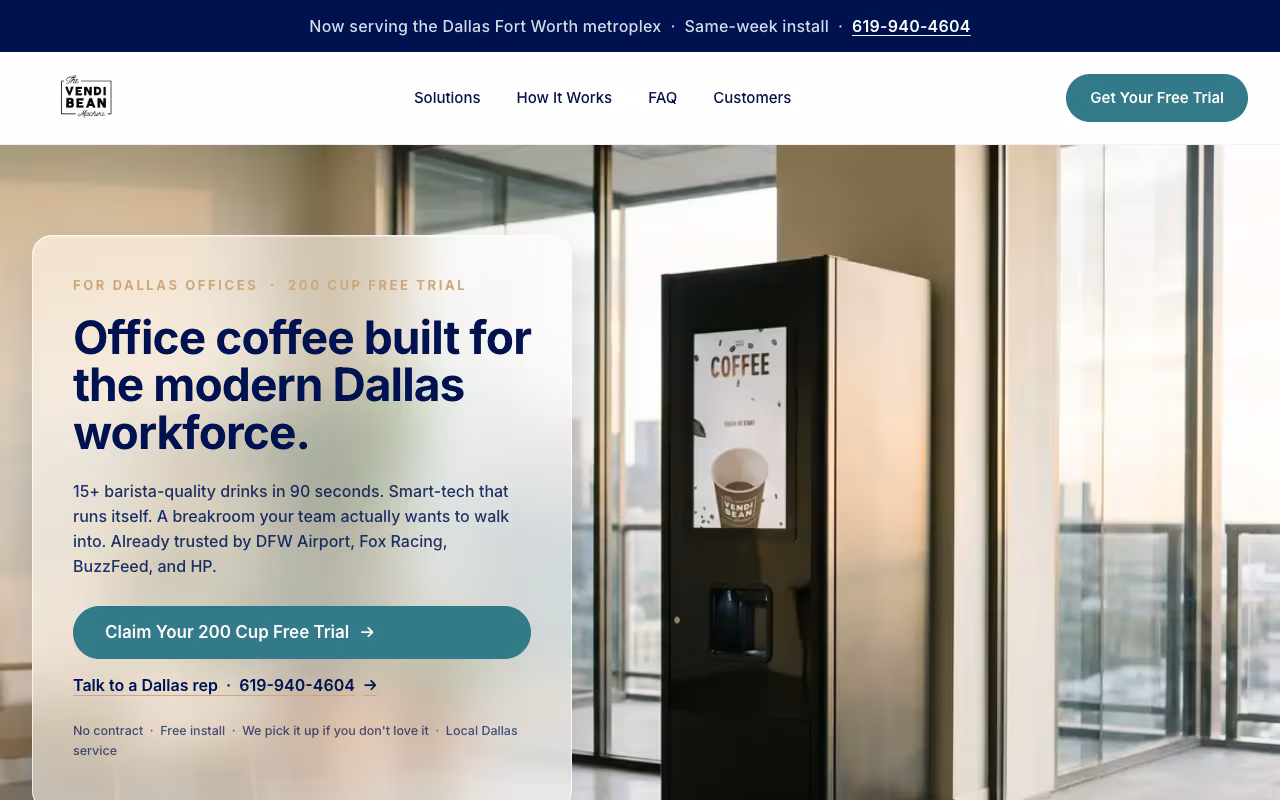 VendiBean Dallas landing page