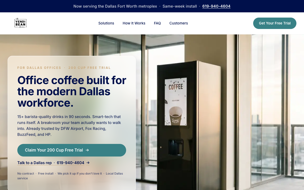 VendiBean Dallas landing page