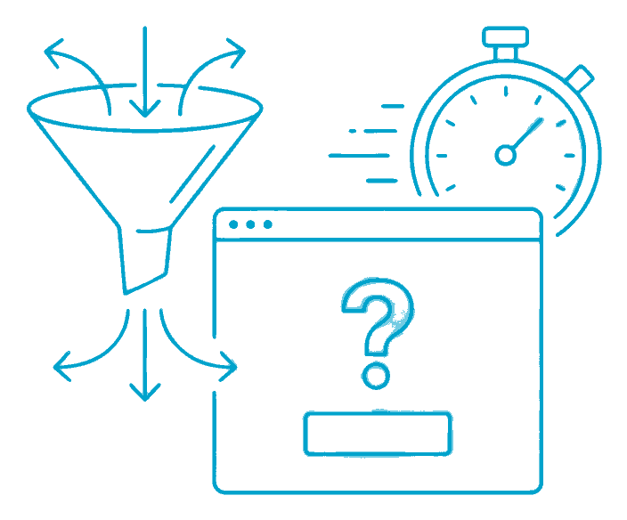 Illustration: conversion funnel, browser window with a question mark, and a stopwatch